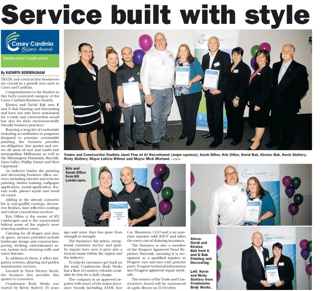 Pakenham Gazette - 7th October 2015 page 24 K & D Bak Painting and Decorating - Finalists in the 2015 Casey Cardinia Business Awards - Trades and Construction Category
