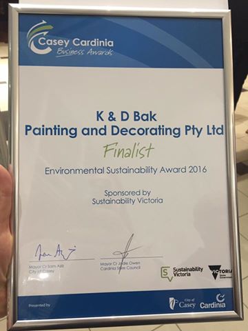 Finalists for the prestigious Casey Cardinia Business Awards 2016 Environmental Sustainability of the Year K & D Bak Painting and Decorating
